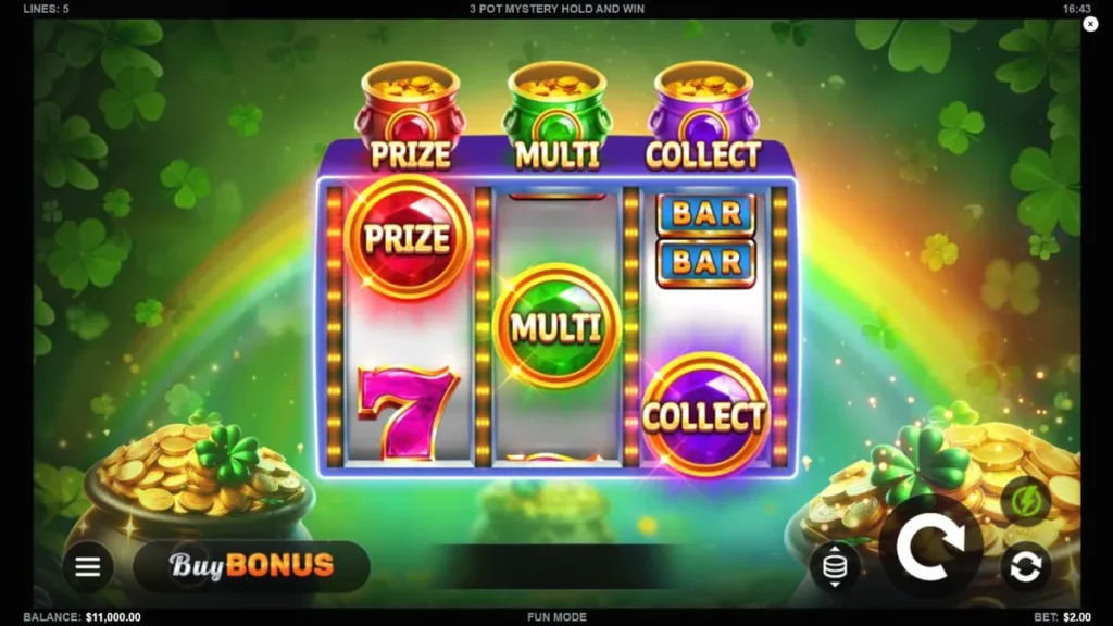 Tampilan visual slot 3 Pot Mystery Hold and Win dengan tema pertambangan emas