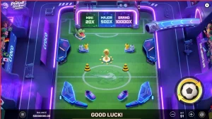 Tampilan visual neon stadion dalam game Pinball Striker 20,000x
