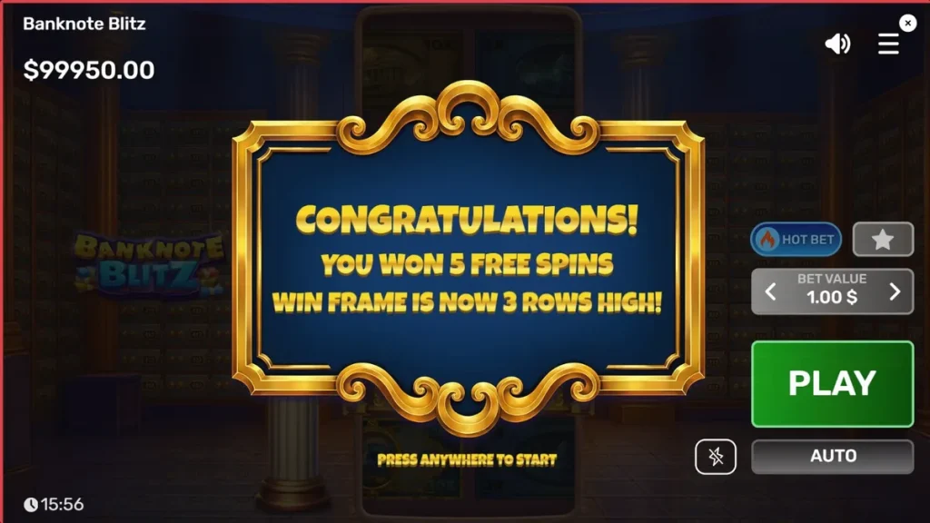 Tampilan visual slot Banknote Blitz dengan tema brankas bank mewah